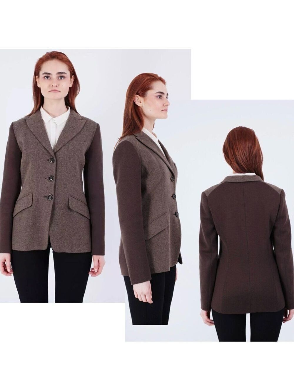 Weekend MaxMara brown herringbone single breasted knit contrast sleeve blazer